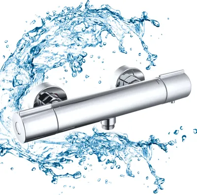 A chrome shower faucet with water splashing around it.