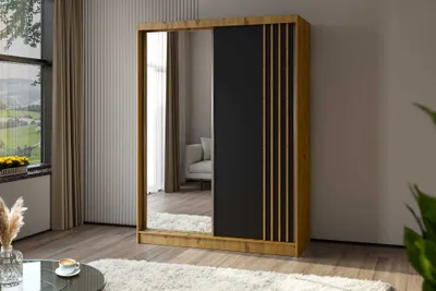 Produktbild von AGMAT Schwebetürenschrank Lugo, Kleiderschrank mit 2 Türen und Spiegel, Moderne Garderobe in Farbe: Artisan / Schwarz, Schrank in Größe: 160 x 216 x 61 cm