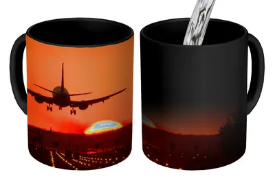 Obrázok produktu pre MuchoWow® Magický pohár Západ slnka - lietadlo - oranžová - slnko 350 ml Pohár na zmenu farby Darček Nápad na darček - Foto hrnček