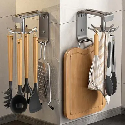 Produktbild von Ultiluxe Küchen Hakenrek - 2 Stück - Hakenleiste mit 8 Haken - 360 Grad drehbar - Ohne Bohren - Grau