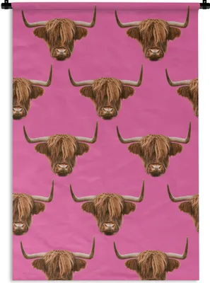Produktbild von MuchoWow® Wandteppich Wandbehang Schottisches Hochlandrind - Muster - Rosa 60x90 cm Tapisserie Dekoration Wandtuch - Foto-Teppich - Abwaschbar
