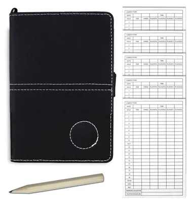 Produktbild von Golf-Score-Set aus schwarzem Leder + 5 Scorekarten + 1 Bleistift