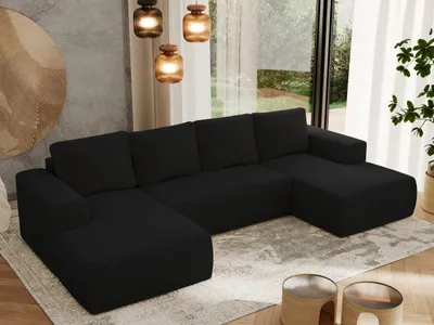 Produktbild von MKS MEBLE Sofa mit Schlaffunktion - Ecksofa mit Schlaffunktion und Bettkasten - Sofa 5 Sitzer - Schlafsofa - Couch - Schlafsofa mit Bettkasten - Trentino U - Schwarz Boucle