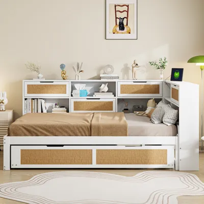 Immagine prodotto di Abrihome divano letto 140x200cm con letto estraibile 90x190cm, libreria e contenitore con rete a doghe, bianco