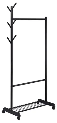 Produktbild von Kleiderständer AURIGO schwarz - Garderobenwagen mit  Kleiderstange und Kleiderhaken, Ablagefläche für Schuhe, Rollgarderobe, Garderobenständer