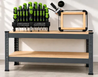 Image de Kit d'outils pour atelier de bricolage (3 pièces) – Établi à deux niveaux, kit de 37 tournevis et pince de serrage de 4 m