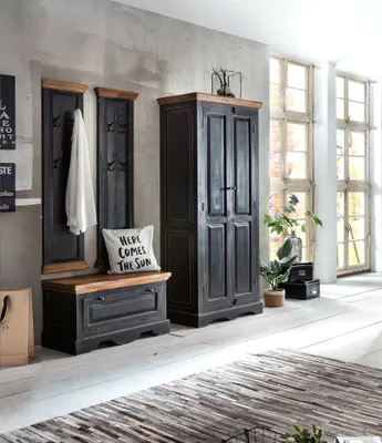 Produktbild von SIT Möbel Dielen-Set | 4-tlg. | 1 Schuhschrank, 2 Garderobenpaneele, 1 Kleiderschrank | Mango + MDF schwarz | B 80 x T 45 x H 180 cm | 18000-32 | Serie CORSICA