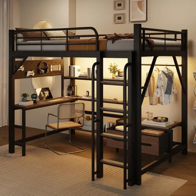 Immagine prodotto di Letto a castello Flieks 140x200 cm con illuminazione a LED, letto a castello con scrivania e ripiani, letto per bambini/ragazzi con USB e cassetti, letto in metallo nero