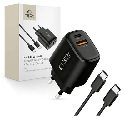 Produktbild von Tech Protect NCA45W GAN 2 Port 45W WandLadegerät mit USB-C