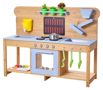 Productafbeelding van VEVOR speelkeuken, kinderkooktoestel met fornuis, haken, dubbele spoelbak, plantenschep, spatels, kookgerei & accessoires, speelkeuken voor spelen met water en zand, houten keuken, 1220x425x930 mm