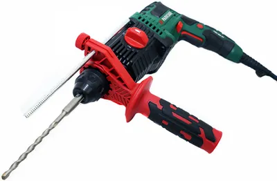 A rotary hammer drill with accessories, presented against a white background.
