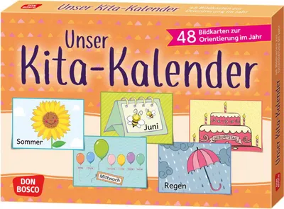 Produktbild von Kita-Kalender mit 48 klaren Symbolbildern für Tagesabläufe, Wochentage, Monate, Jahreszeiten
