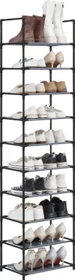 A multi-tiered shoe rack filled with various types of shoes.