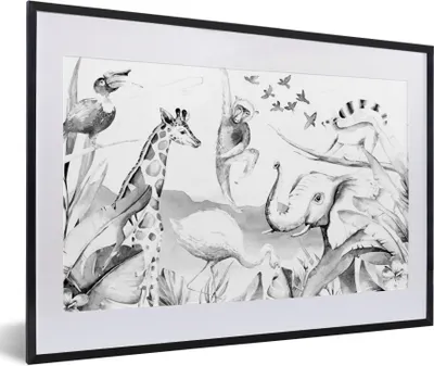 Produktbild von MuchoWow® Gerahmtes Poster Dschungel - Tiere - Aquarell - Jungen - Mädchen - Kinder - Kinder 60x40 cm - Poster mit Schwarzem Bilderrahmen Wandposter Rahmen Foto Bilder - Schlafzimmer - Plakat in Rahmen - Drucken