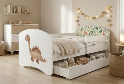 Obrázok produktu pre Detská postieľka Happy Babies s bočnicou pre chlapcov, 140 x 70 cm, do detskej izby, so zásuvkou, matrac, jednolôžková detská postieľka, biela, s motívom dinosaurov