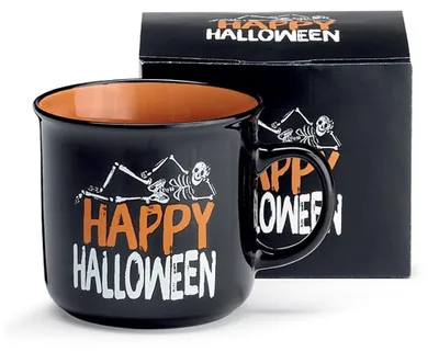 Produktbild von Schwarze ";Happy Halloween"; Tasse mit liegendem Skelett