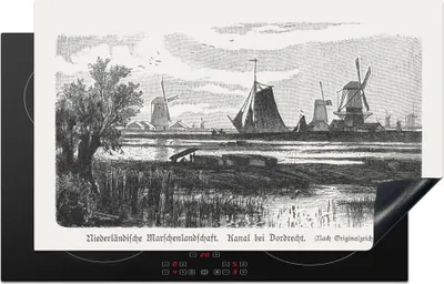 Produktbild von KitchenYeah© Herdabdeckplatte Eine Schwarz-Weiß-Illustration eines Sumpfgebietes in der Nähe von Dordrecht , 85x52cm, Küche Deko, Glaskeramikkochfeld Herdabdeckung, Abdeckplatte fùr Kochfeld