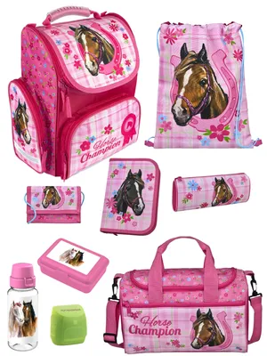 Produktbild von Mädchen Schulranzen 1. Klasse in Rosa mit Pferde Motiv 9 tlg. Schultaschen Set mit Brotdose, Trinkflasche und Sporttasche