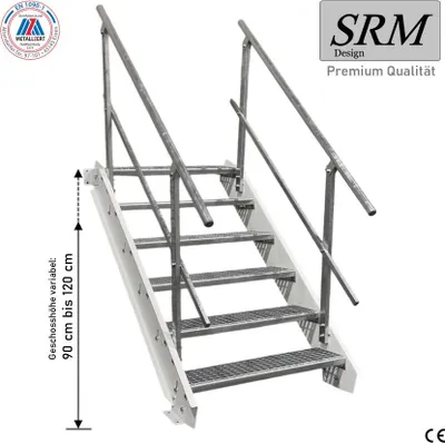 Produktbild von 6 Stufen Stahltreppe Weiß Breite 150 cm Geschosshöhe 90 - 120 cm 2x Geländer