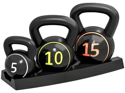 Zdjęcie produktu dla Zestaw kettlebelli o wadze: 2,2 kg, 4,5 kg, 6,8 kg. Wykonane z żeliwa z powłoką plastikową, ergonomiczny uchwyt