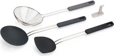 Produktbild von Set de Wok-Utensilien Joseph Joseph Nest Fusion de 3 Stück, funktionelles und elegantes Design, ideal zum Kochen ohne Beschädigung el Wok, schwarze Farbe für moderne und organisierte Küche.