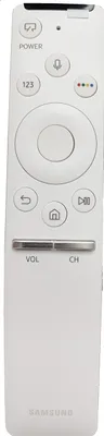 A white Samsung TV remote control is shown from a front-facing, slightly angled perspective against a white background.