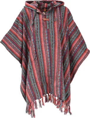 Produktbild von Poncho Hippie Chic, Ethno Poncho, Andenponcho - Orange/grün, Uni, Rot, Baumwolle, Jacken, Mäntel & Ponchos