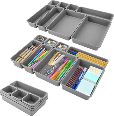 Zdjęcie produktu dla 32 sztuki ciemnoszarych plastikowych organizerów do szuflad – 3-drzwiowy system do organizacji szuflad w biurze, kuchni i łazience