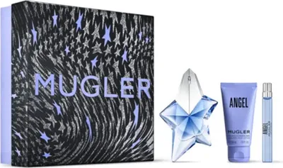 A gift set of Thierry Mugler Angel perfume, including a perfume bottle, a lotion tube, and a sample vial, displayed next to its packaging.