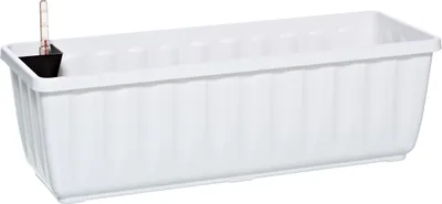 A white plastic planter box with a watering system insert.