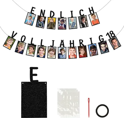 Productafbeelding van Fotoslinger voor 18e verjaardag, bestaande uit 18 zwarte fotokaarten, 5 meter lint, decoratie voor een verjaardagsfeest