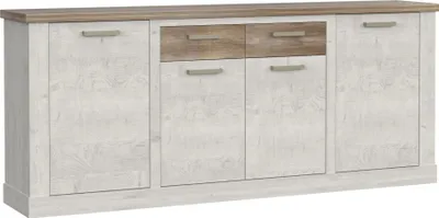 Produktbild von Sideboard "Duro" aus Holzwerkstoff in Pinia Weiss kombiniert mit Eiche Antik mit 2 Schubladen und 4 Türen. Abmessungen (BxHxT) 212,9x90,3x41,3 cm