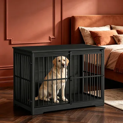 Produktbild von Hundekäfig Möbel, 119 cm Hundebox Möbel, 2 Türen, Schwarz | XXL Moderne Hundekäfig Indoor für Mittlere/Große Hunde, Beistelltisch