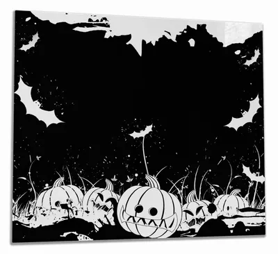 Produktbild von Wallario Herdabdeckplatte aus Glas, Größe 60 x 52 cm 1-teilig, Motiv Halloween - Kürbisse und Fledermäuse in schwarz-weiß, Comic Stil