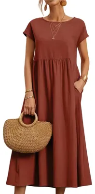 Produktbild von Sommerkleid für Damen mit kurzen Ärmeln - Elegantes Midi-Kleid mit Taschen