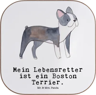 Produktbild von Mr. & Mrs. Panda Tischuntersetzer Boston Terrier Lebensretter - Weiß - Geschenk, gläseruntersetzer, Untersetzer für Gläser, Coaster, Tassen, Holzuntersetzer