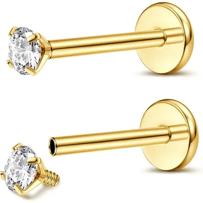 Productafbeelding van Set van 2 Titan Labret piercings met binnendraad, 18G, 8mm, goud/zilver met CZ-steen