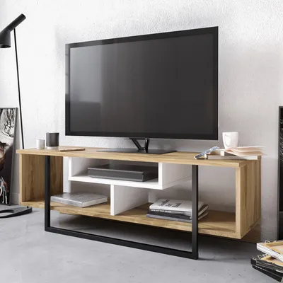 Produktbild von Skye Decor, Asal (120) - Oak, White, Black, Fernsehtisch, Weiß, 100 % MELAMINBESCHICHTETE SPANPLATTEN, 119,4 x 35,2 x 40,2 cm