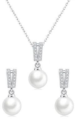 Produktbild von Schmuckset 925 Sterling Silber, Süßwasserzuchtperlen, Anhänger und Ohrringe, für die Hochzeit