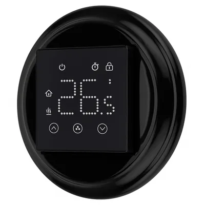 A digital thermostat with a black display and a black circular frame, shown against a white background.