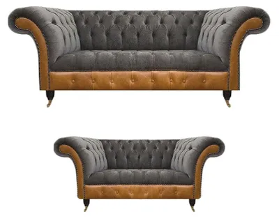 Produktbild von Hellgrau-Braune Chesterfield Sofa Set Edle Sitzmöbel Moderne Garnitur
