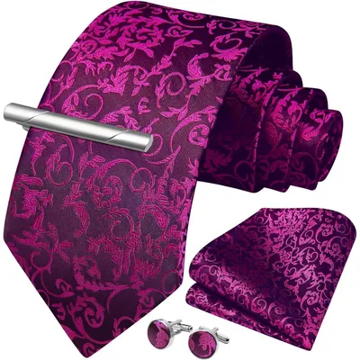 Produktbild von Herren Krawatten Set mit Einstecktuch, Krawattenklammer und Manschettenknöpfen, Heiß Rosa