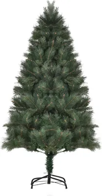 A full shot of an artificial Christmas tree on a white background.
