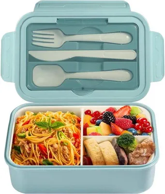 Produktbild von Famanu Lunchbox mit Besteck - Bento Box für Erwachsene und Kinder - 1400 ml - Blau
