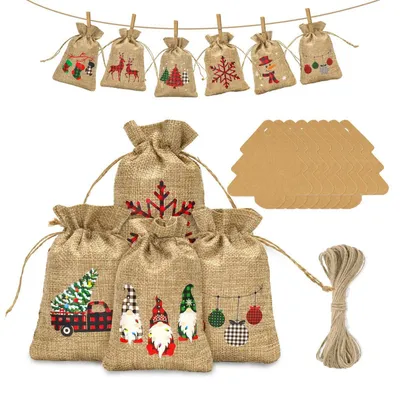 Produktbild von Adventskalender Jutesäckchen 24 Stück 13x18cm mit Anhängern und Juteschnur