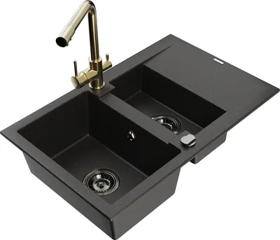 Produktbild von Mexen Gaspar 1,5-Becken-Granitspüle mit Abtropffläche und Mischbatterie Duero, Schwarz/Gold - 6507-75-671600-50-B