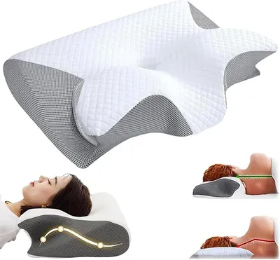 A collage of images showing an ergonomic pillow, a person sleeping on it, and diagrams illustrating its support for the neck.