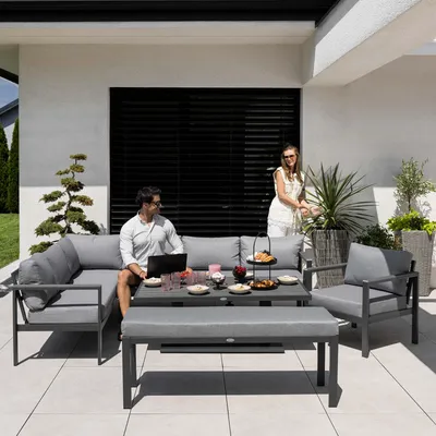 Produktbild von di volio Gartenmöbel Set Noli – grau, Outdoor Lounge aus Aluminium mit höhenverstellbarem Kunstholz–Tisch, wetterfest & bequem für 10 Personen