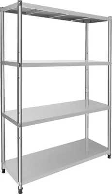 A four-tier stainless steel shelving unit against a white background.