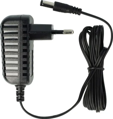 A black power adapter with a European plug and a DC output cable.